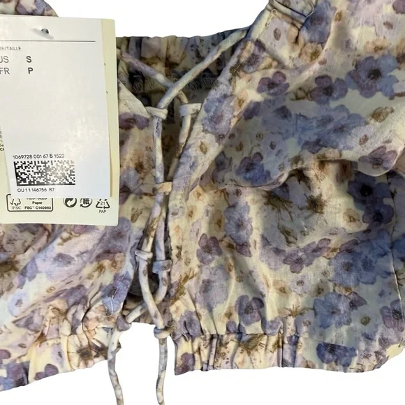 H&M Purple Floral Puff Sleeve Cropped Blouse Size S Cottagecore Boho Romantic - Picture 8 of 8